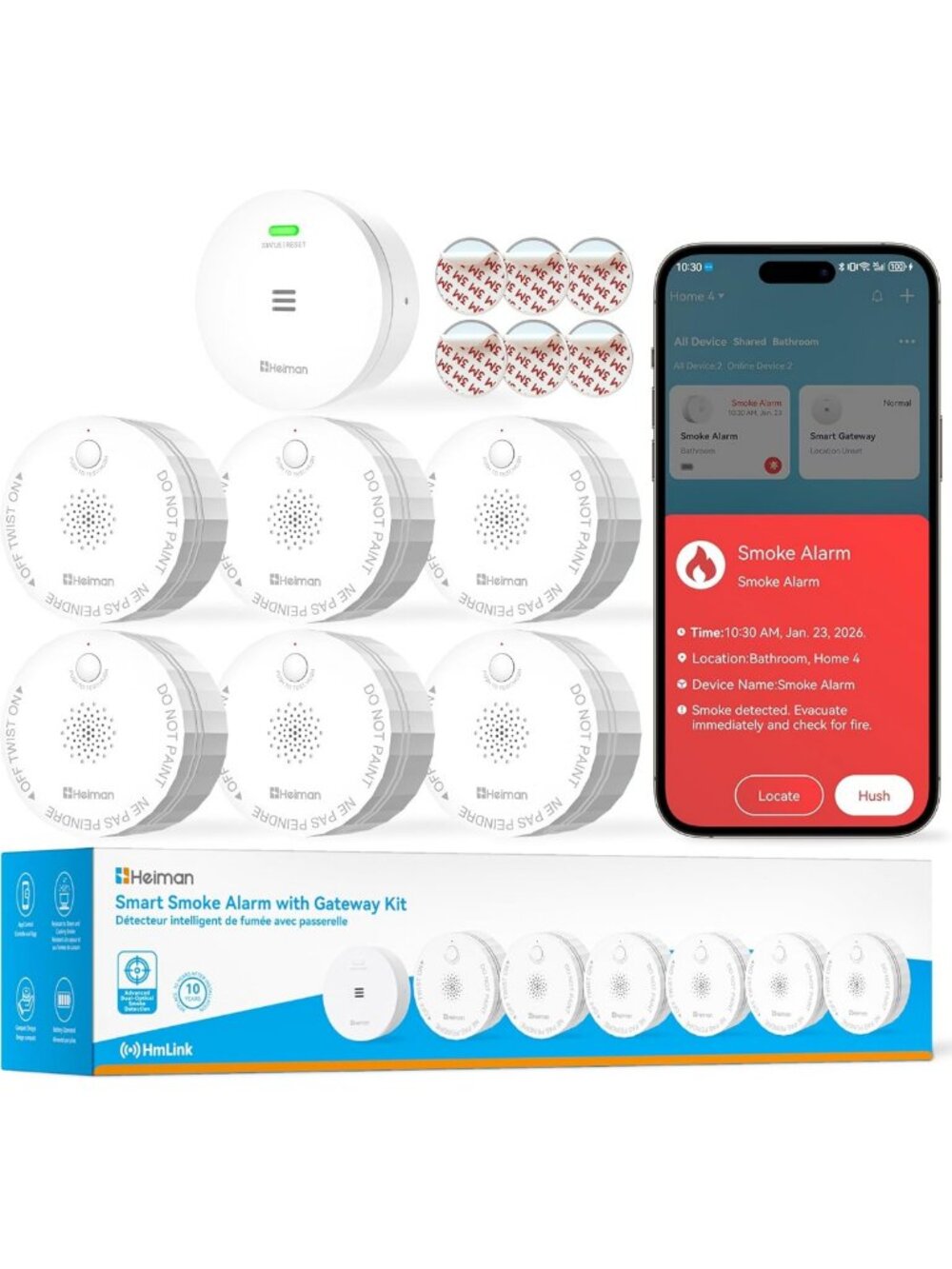 Smart Wireless Interconnected Smoke Detectors, 6-Pack with Gateway, Safety Alert